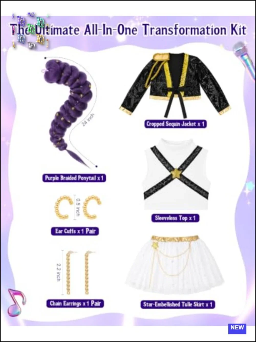 Girls Pop Singer Halloween Costume Sequin Jacket Tulle Skirt 6-Piece Set